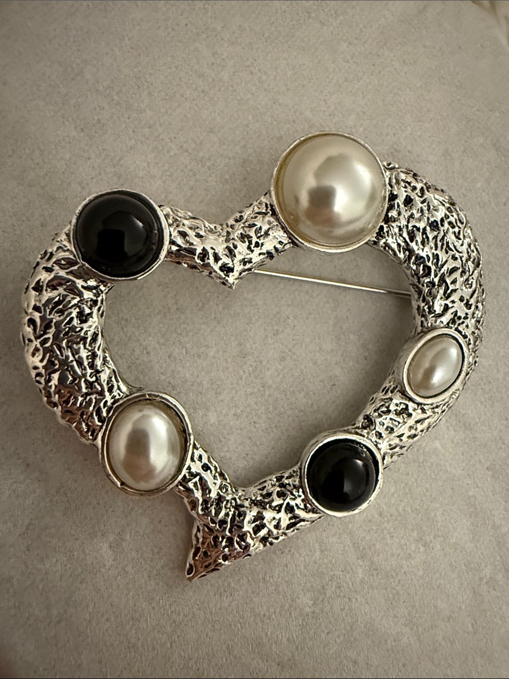Silver Heart Brooch with Black and Pearl Accents